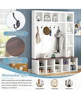 Farmhouse Hall Tree with 6 Hooks, Adjustable Shelves, Shoe Cabinet, Mudroom Storage, 76.7