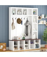 Farmhouse Hall Tree with 6 Hooks, Adjustable Shelves, Shoe Cabinet, Mudroom Storage, 76.7