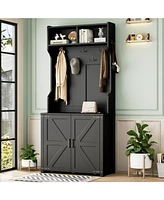 4-in-1 Farmhouse Hall Tree with Barn Doors, Movable Bench, Hooks, and Shoe Cabinet