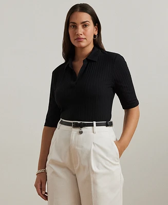 Lauren Ralph Plus Rib-Knit Elbow-Sleeve Polo Tee