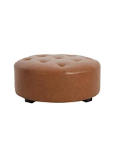 Upholstered Button Tufted Round Ottoman, Pu, Orange Brown