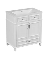 30" Resin Sink Vanity with Solid Wood Frame Cabinet, Retro White