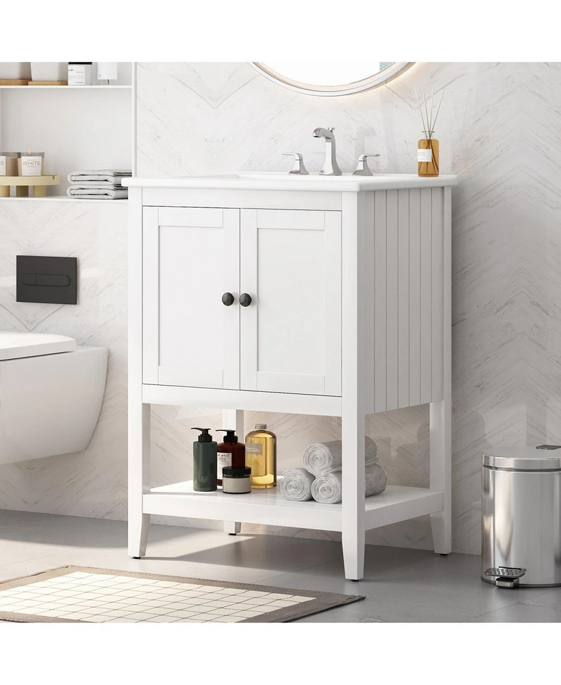 24" White Modern Sleek Bathroom Vanity Elegant Ceramic Sink with Solid Wood Frame Open Style Shelf