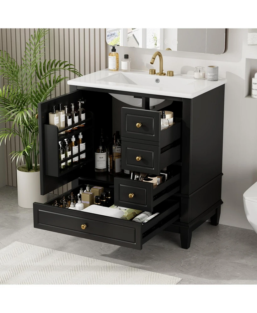 30" Bathroom Vanity with Sink, One Door with Shelf and Three Drawers, Soft Close Door, Black