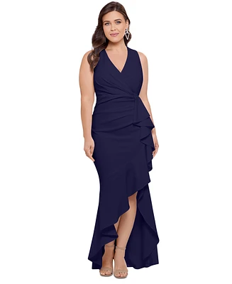 Betsy & Adam Plus Sleeveless Ruffled High-Low Gown