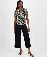 Bar Iii Women's Palm Print Short-Sleeve Mesh Top, Exclusively at Macy's