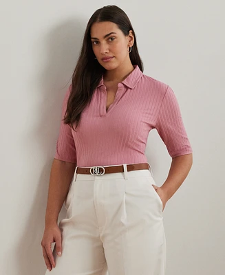 Lauren Ralph Plus Rib-Knit Elbow-Sleeve Polo Tee
