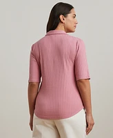 Lauren Ralph Plus Rib-Knit Elbow-Sleeve Polo Tee