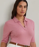 Lauren Ralph Plus Rib-Knit Elbow-Sleeve Polo Tee