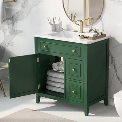 30" Green Bathroom Vanity with Sink, Door, and Drawers