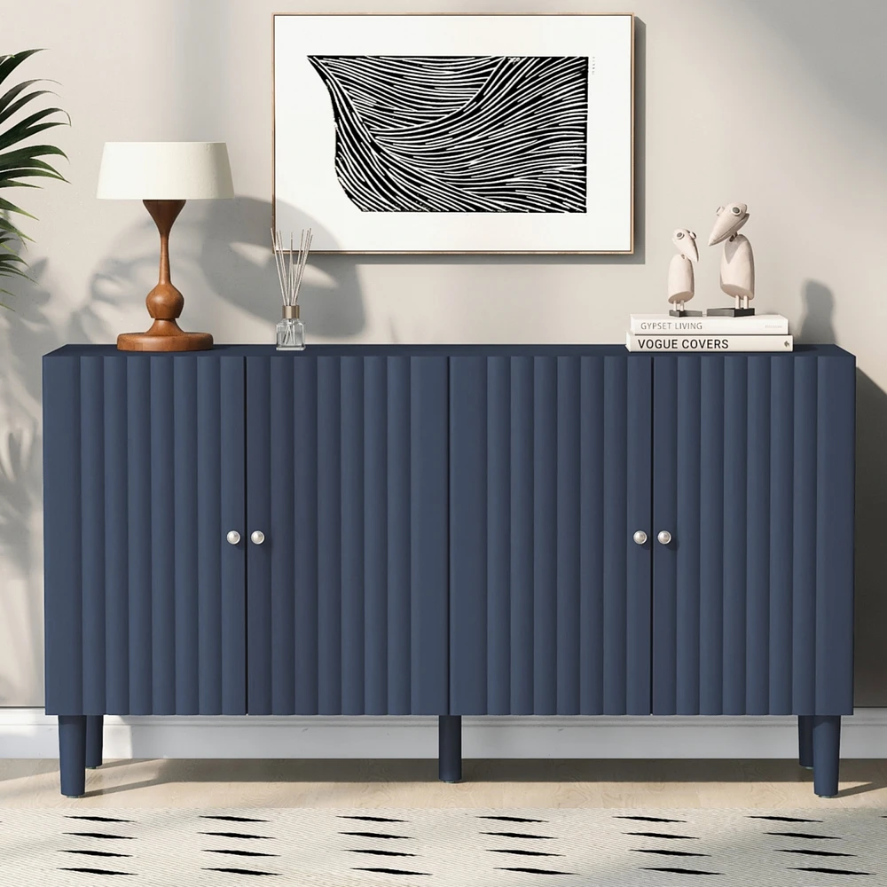Elegant Four-Door Sideboard with Wavy Doors, Cylindrical Legs, and Metal Handles