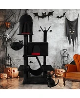 Gothic Cat Tree with 2 Cat Condos & Spooky Dangling Ball Haunted-Themed Playhouse for Indoor Cats