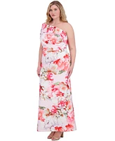 Eliza J Women's One-Shoulder Floral-Print Ruched Gown