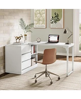 Tribesigns L-Shaped Computer Desk with Drawers and Shelves, Reversible White Corner Office Desk with Storage Cabinet, Study Writing Table for Home Off