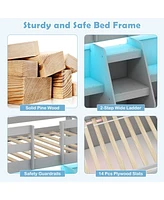 Twin Size Loft Bed with Led Lights with Staircase and Safety Guardrail