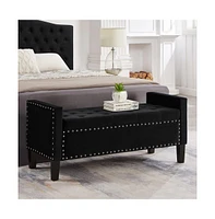 Upholstered Velvet Storage Bench with Nailhead Trim for Entryway, Bedroom & Living Room-The Pop Home