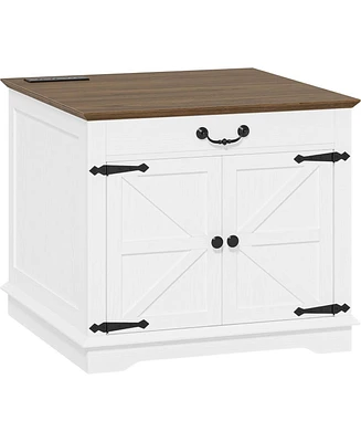 Farmhouse End Table with Charging Station, 23.6" Large Sofa Side Table with Drawer and Back Storage Shelf