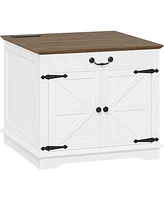 Farmhouse End Table with Charging Station, 23.6" Large Sofa Side Table with Drawer and Back Storage Shelf