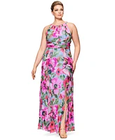 Xscape Plus Printed A-Line Ruffle-Skirt Dress