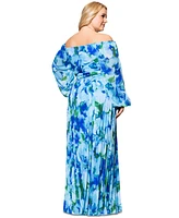 Xscape Plus Printed Off-The-Shoulder Pleated Dress