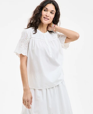 Style & Co Petite Cotton Embroidered Pleated-Yoke Short-Sleeve Top, Exclusively at Macy's