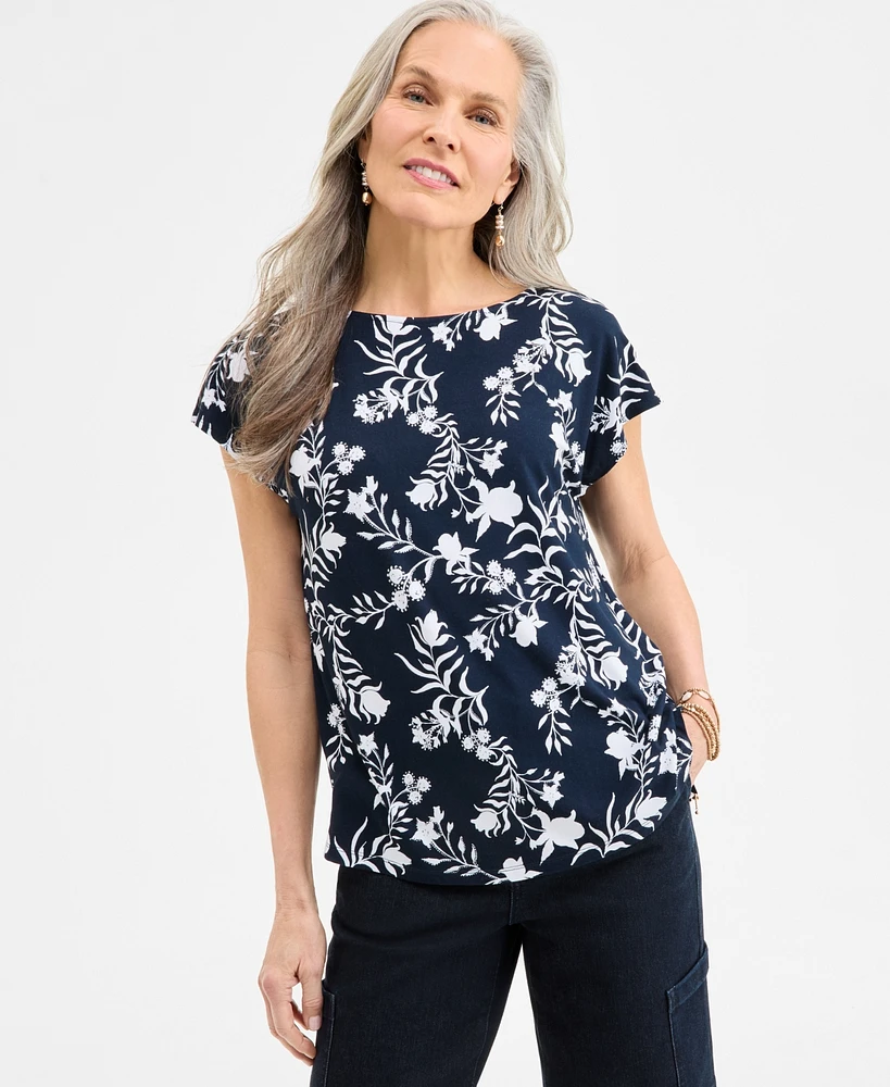 Style & Co Women's Printed Mixed-Media Short-Sleeve Top, Exclusively at Macy's