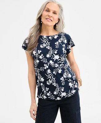 Style & Co Women's Printed Mixed-Media Short-Sleeve Top, Exclusively at Macy's