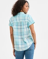 Style & Co Women's Plaid Cotton Gauze Camp Shirt, Exclusively at Macy's