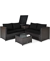 Gymax Set of 4 Patio Rattan Furniture Set Cushioned Loveseat Storage Table Outdoor