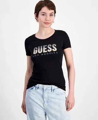 Guess Women's Glitter-Logo Short-Sleeve Crewneck Top