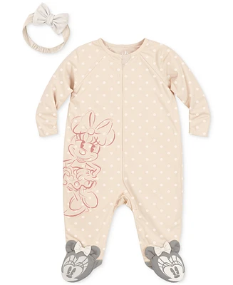Disney Baby Girls Minnie Mouse Footed Coverall & Headband, 2 Piece Set