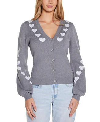 Belldini Women's Heart Jacquard V-Neck Cardigan Sweater