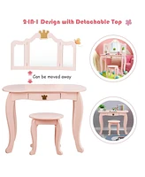 Kids Makeup Dressing Table with Tri-folding Mirror and Stool