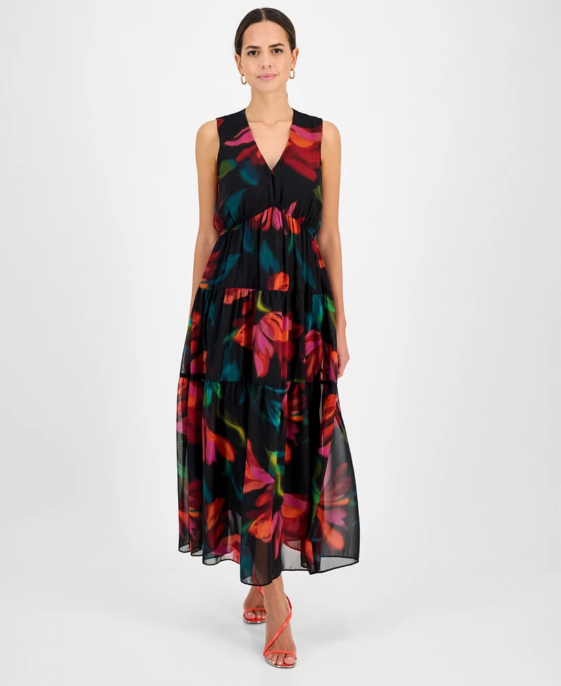 Robbie Bee Women's V-Neck Sleeveless Tiered Dress