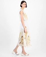 Avec Les Filles Womens Sleeveless Embroidered Drawstring Hem Top Embroidered Midi Skirt