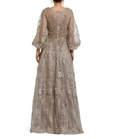 Women's Embellished Plunge Neck Puff Sleeve A Line Gown