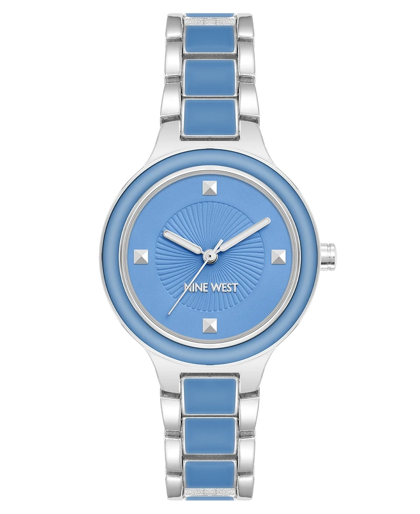 Nine West Women's Quartz Round Light Blue Enamel and Silver-Tone Metal Alloy Watch, 32mm