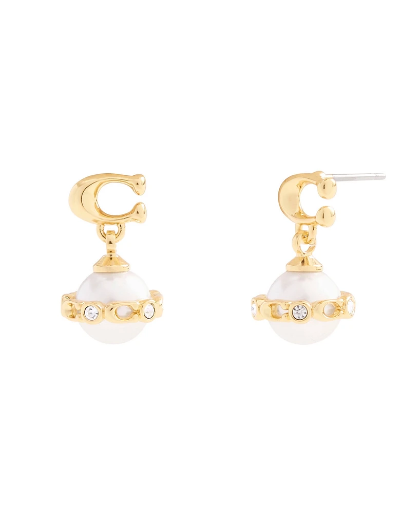 Coach Faux Stone Signature Cultivated Pearl Orb Drop Earrings