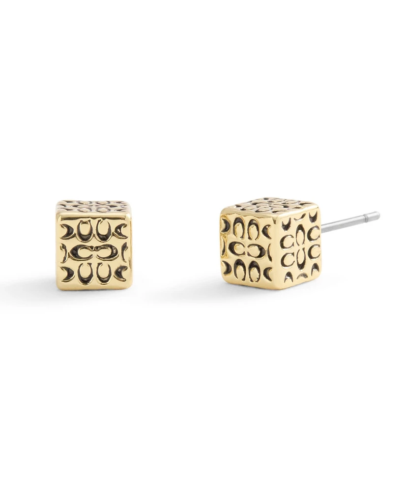 Coach Gold Signature Quilted Cube Stud Earrings