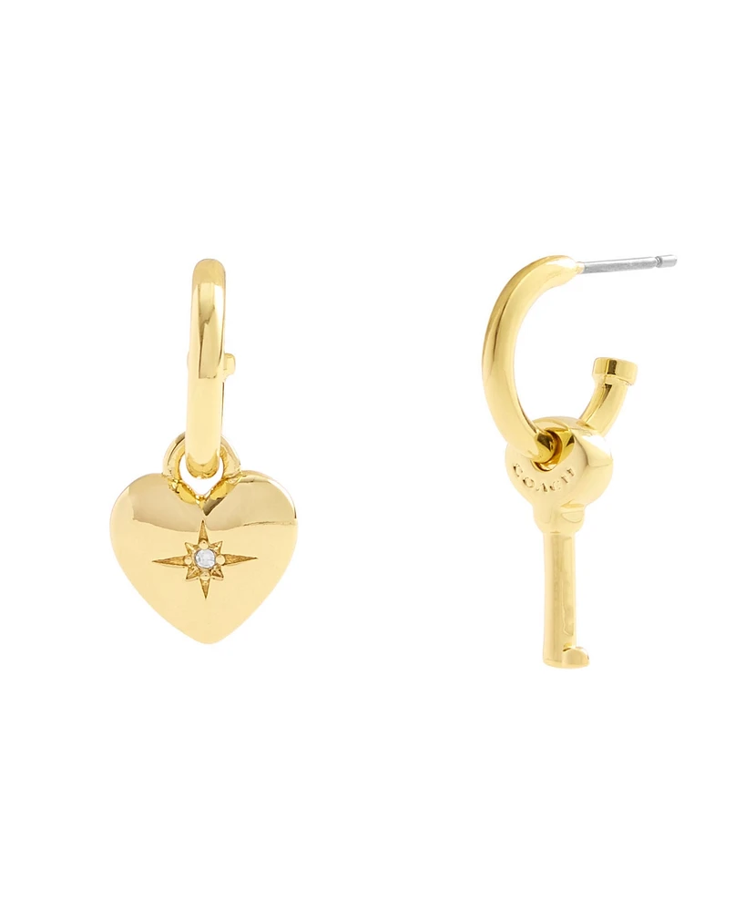 Coach Gold Tone Heart and Key Mismatch Charm Huggie Earrings