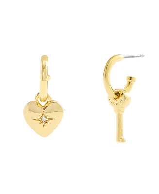 Coach Gold Tone Heart and Key Mismatch Charm Huggie Earrings