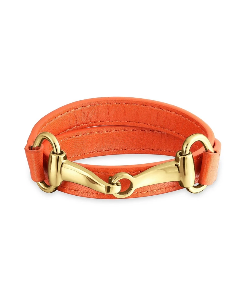 Bling Jewelry Fashion Leather Equestrian Snaffle Horse Bit Double Layer Wrap Bracelet Silver Tone Stainless Steel