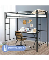 Twin Loft Bed Frame with 2 Ladders Full-length Guardrail