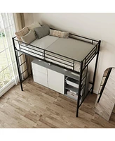 Twin Loft Bed Frame with 2 Ladders Full-length Guardrail