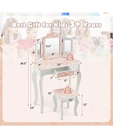 2-in-1 Kids Vanity Table Set with Tri-folding Mirror
