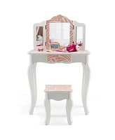 2-in-1 Kids Vanity Table Set with Tri-folding Mirror