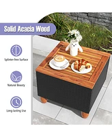 Gymax Set of 3 Rattan Furniture Set Patio Cushioned Sofa Storage Table w/ Wood Top