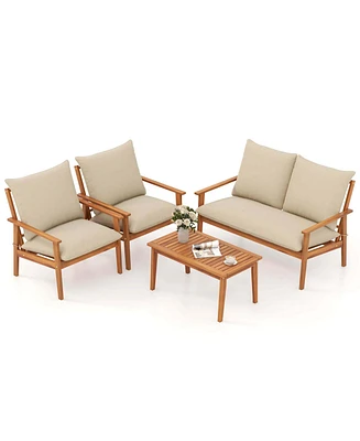 Gymax Set of 4 Patio Acacia Wood Furniture Set w/ Soft Cushions & Coffee Table