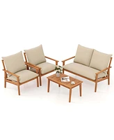 Gymax Set of 4 Patio Acacia Wood Furniture Set w/ Soft Cushions & Coffee Table