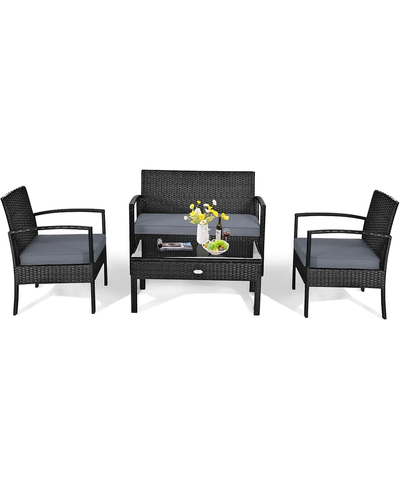 Gymax Patio Garden 4PC Rattan Wicker Furniture Set